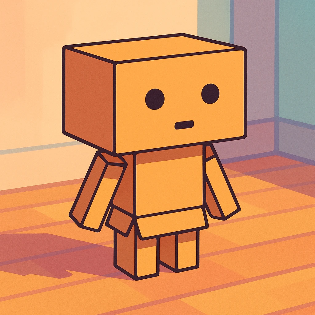 small cardboard robot named Danbo standing alone in the middle of a softly lit room, square head with two round black eyes and a small rectangular mouth, body made of folded cardboard panels, jointed arms and legs, cartoonish style with clean lines and pastel colors, warm wooden flooring, soft shadows, cozy and nostalgic atmosphere emoji