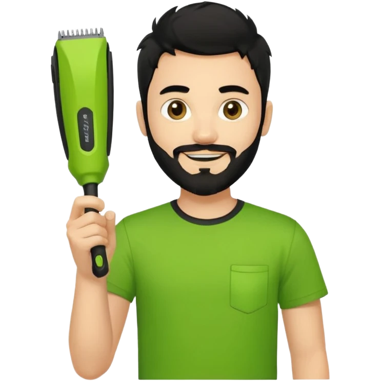 smiling young fair-skinned man with messy black hair and beard, wearing a black t-shirt, holding a palm-sized lime green trimmer in one hand emoji