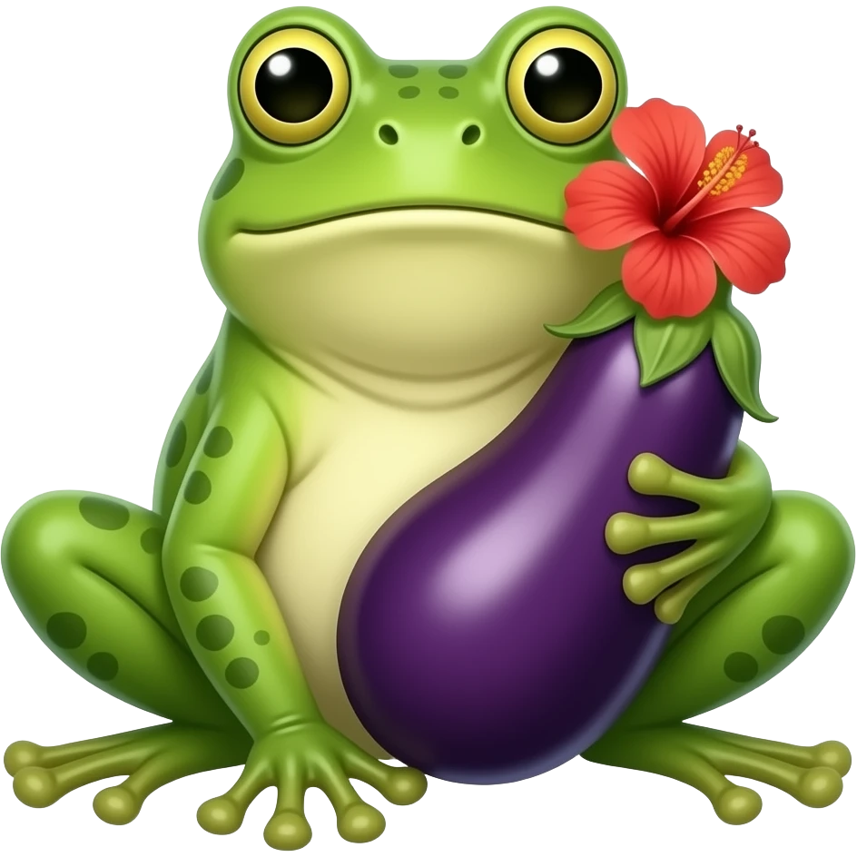 A frog with a big eggplant at the spot of penis and an hibiscus near the upper side of eggplant emoji