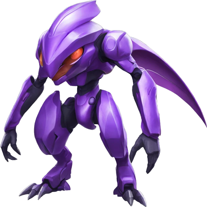 a shiny purple Genesect-Raptor-Fakémon—hybrid with a futuristic visor-helmet full body emoji