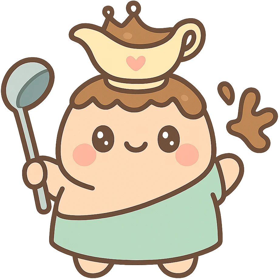 playful chubby king Gravy Lord with a gravy boat crown, holding a ladle, splash of gravy, cute approachable style emoji