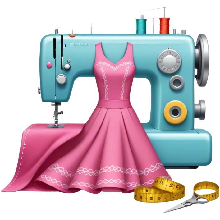 Sewing icon, measuring tape, pins, scissors, and a dress in progress, sewing machine with thread, visible needle, spools of thread, fabric pieces cut according to patterns, minimalistic style, clean lines, transparent background. emoji