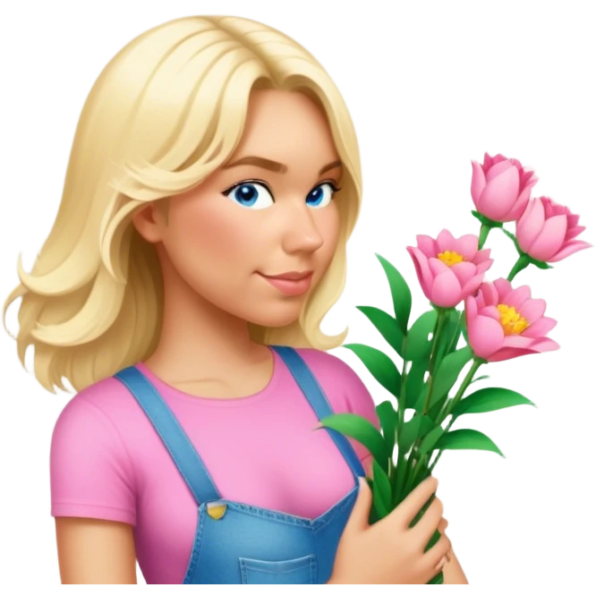 Make her building a flower bouquet in a pink top and jeans and heels emoji