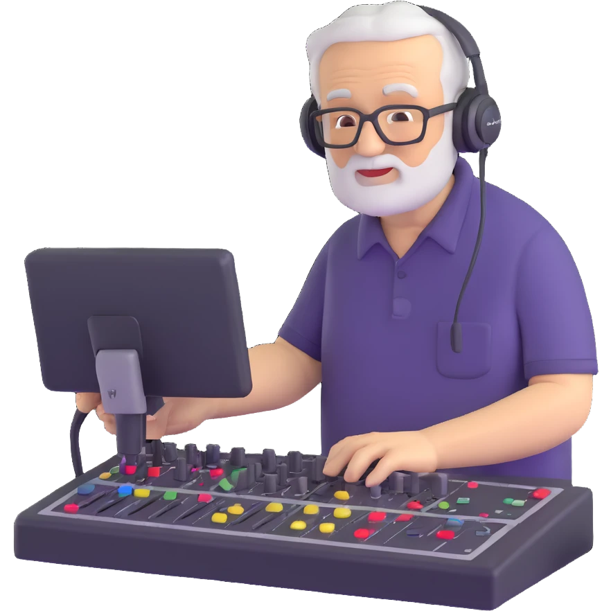 senior Caucasian man operating an audio mixing console emoji