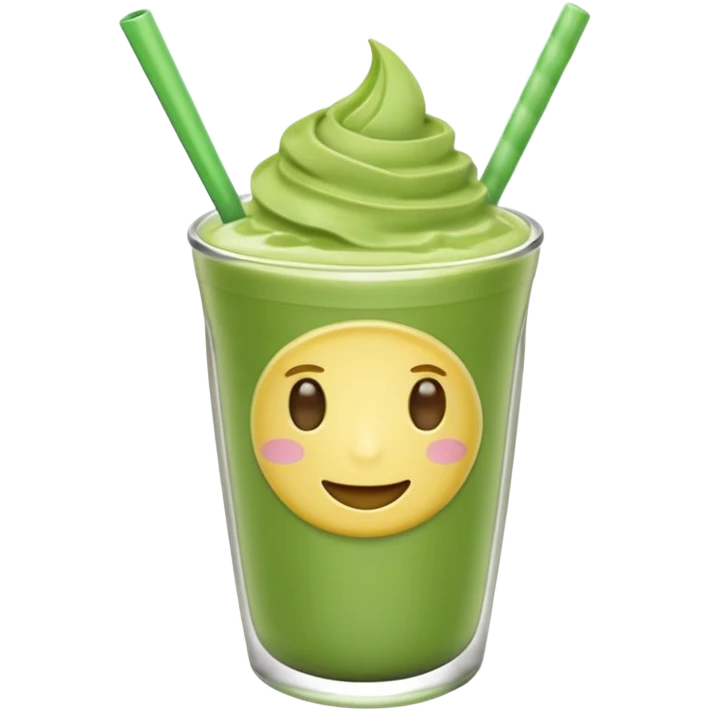 Emoji glossy 3D de un vaso de matcha latte, vaso de vidrio transparente con matcha espumoso verde pastel, capas suaves de leche y matcha, brillo intenso tipo sticker, sombras delicadas, fondo transparente, estilo cute moderno, alta calidad emoji