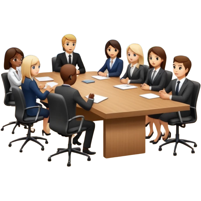 a group of coworkers in meeting room in long rectangular table emoji