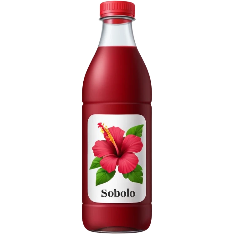 sobolo emoji (Ghanaian frink) in a plastic bottle and make the juice dark red  but a hibiscus on it and  write sobolo on it no hibiscus behind it on the label instead emoji