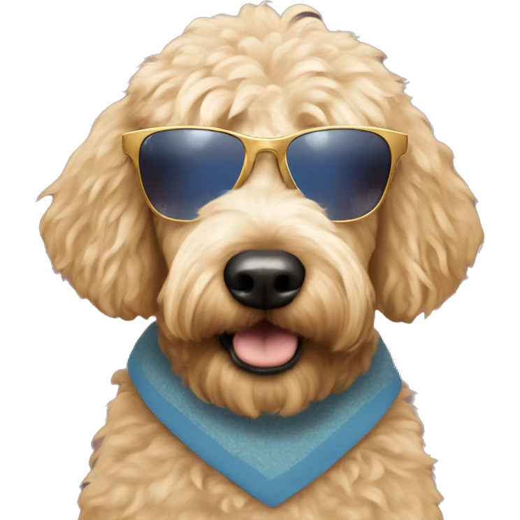 Golden doodle wearing a tye shirt and Lennon shades emoji