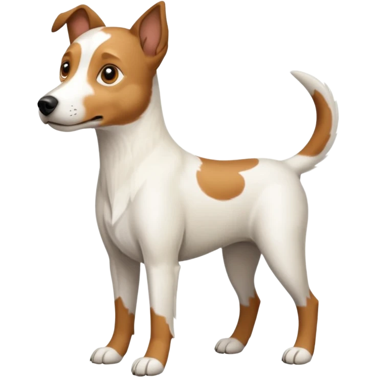a full body white parson russell looking dog the size of a kelpie with light brown ears and a light brown patch on one eye and a large snout emoji