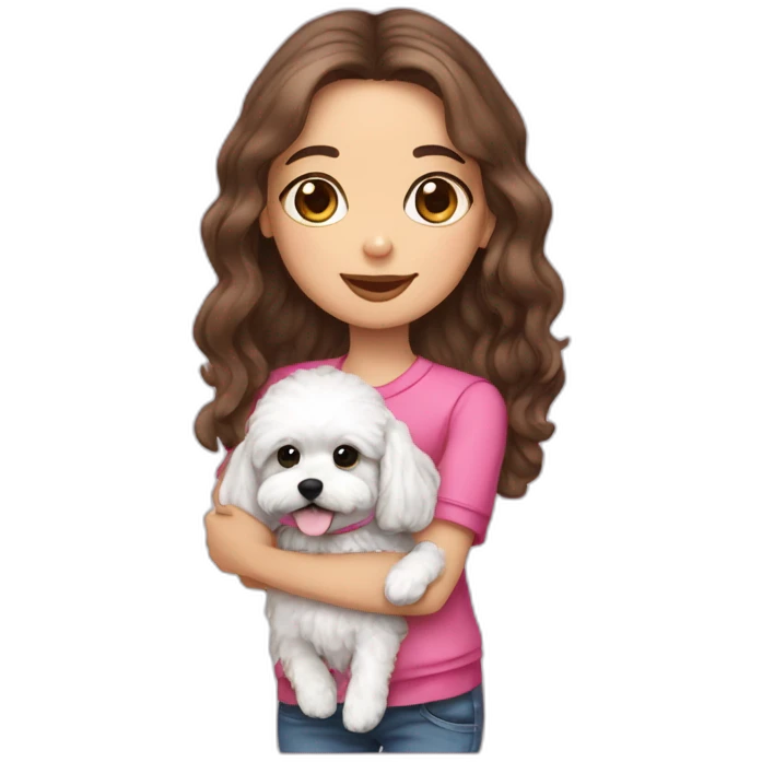 girl brunette with long hair hold on the hand, dressed small white puppy girl maltipoo with pink collar emoji
