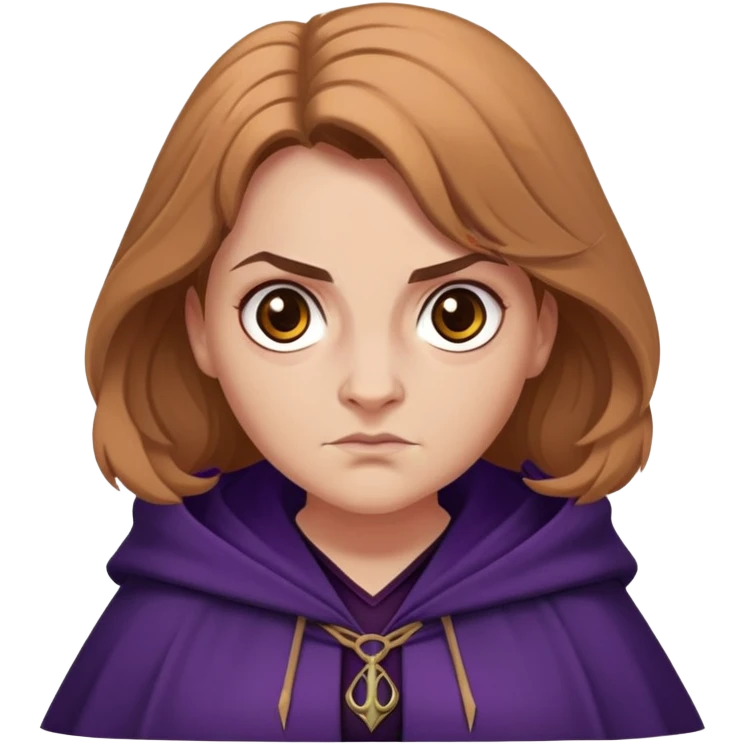 Alecto Carrow in harry potter, a woman fat, light brown tied hair, look evil, dark purple cloak emoji