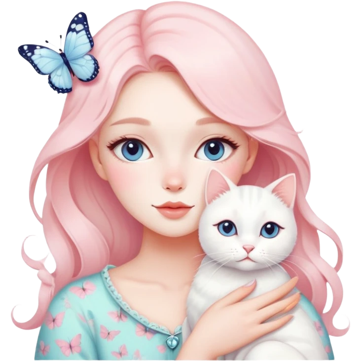 Gorgeous- pastel- lady -with -blushing -butterfly -pattern- hugging- a- white- cat-aesthetic- trendy -style emoji