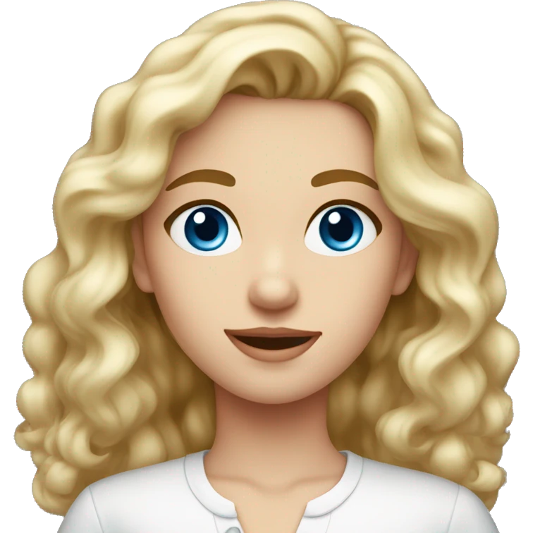 A young beautiful girl with blond wavy hair, blue eyes, in a white blouse emoji