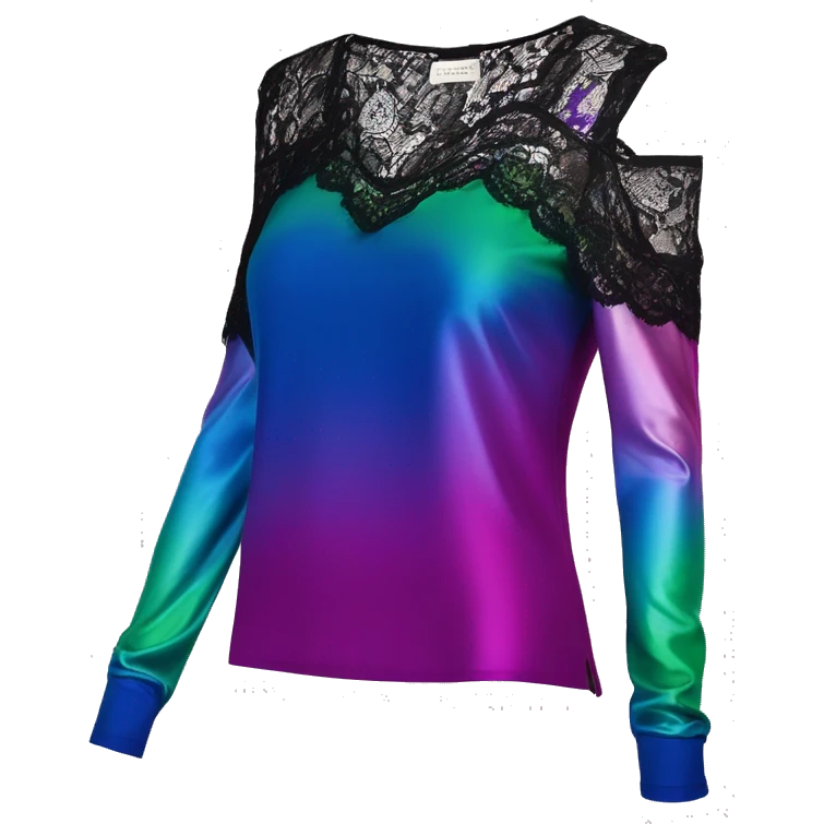 Realistic isolated side view of a metallic cobalt blue,magenta,and pistachio green ombre low cut cold shoulder blouse with long black lace sleeves. emoji