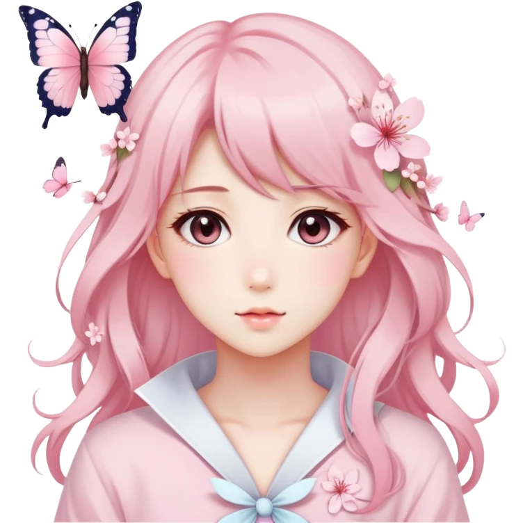 A Gorgeous Beautiful Anime Lady Sakura Cherry Blossom and Pretty Hair, pastelcore aesthetic, pastel pink and white, butterfly emoji
