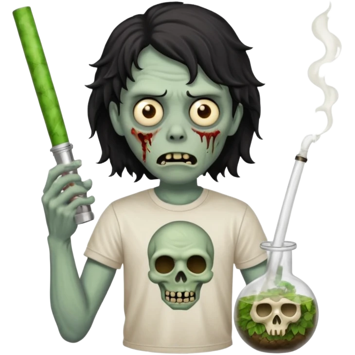 black wavy haired zombie getting stoned with weed t shirt and bong on his hand emoji