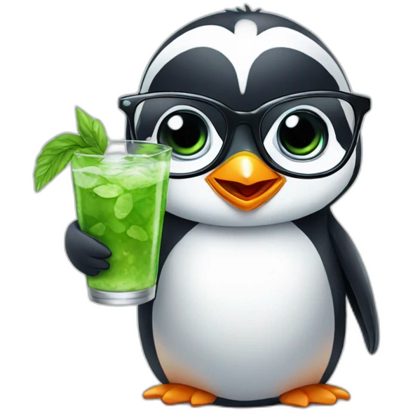 baby penguin with big glasses drinking mojito emoji