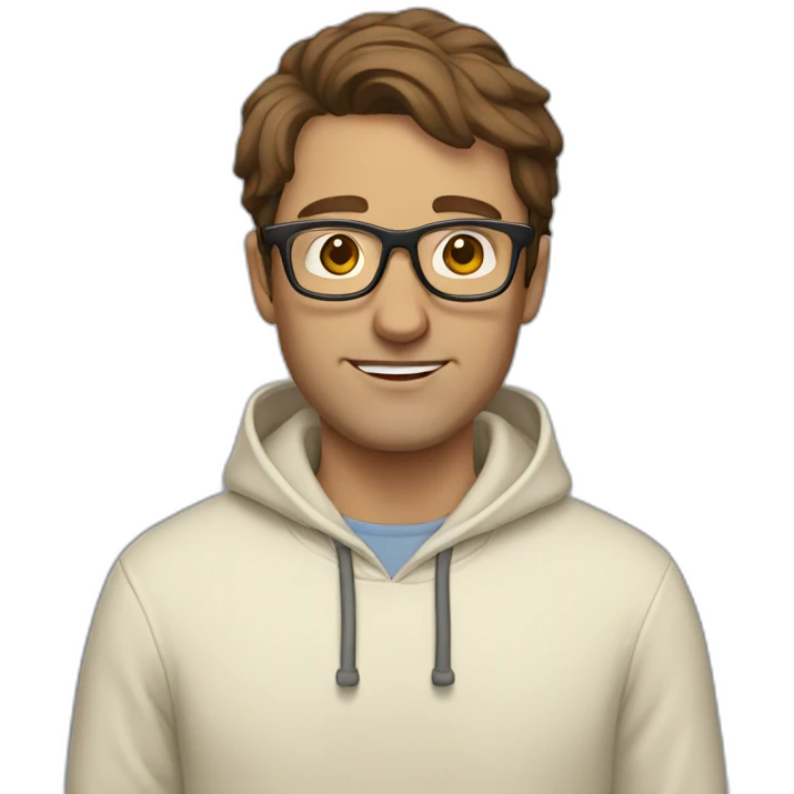 Man with brown hair and glasses wearing a cream hoodie emoji