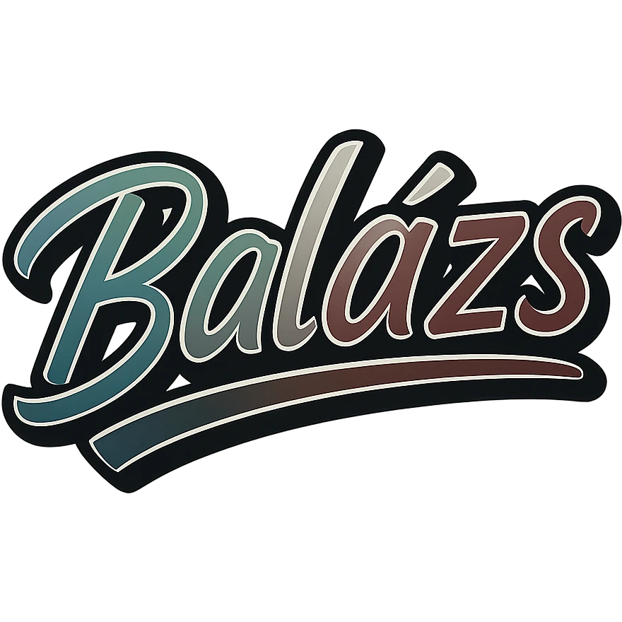 Text image of the name 'Balázs' in a modern, dynamic font with masculine gradient colors including blue, green, gray, dark burgundy, brown, and dark blue shades. The text has a thin white outline, a dark outer contour, and an underline. The style is inspired by the Péter sample image. Size 1000x1000 px, PNG format, transparent background. emoji