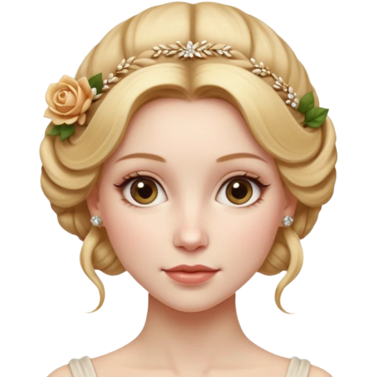 Cinematic Realistic Rococo Portrait, depicted with lifelike skin texture, subtle rosy undertones, and soft natural lighting that enhances the gentle contours of her face. Her intricately detailed golden blonde hair is elegantly styled in an updo, emoji