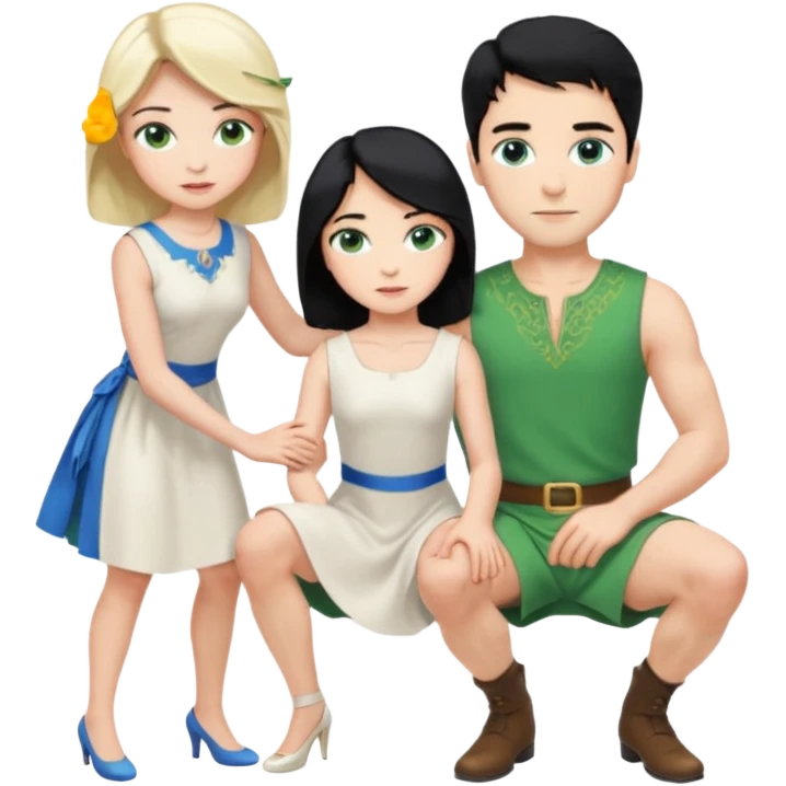 prince, upright, black Hair, blue eyes, garment,  Woman, bending knee, sleveless white dress, blonde hair, green eyes, emoji