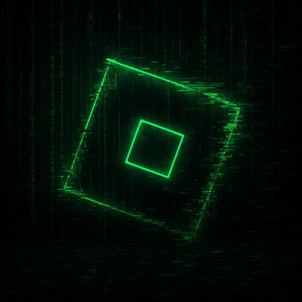 Transform the Roblox logo into a hacker theme with green code, digital glitch effects, and a techy cyberpunk vibe, while keeping the logo shape clear and recognizable. emoji