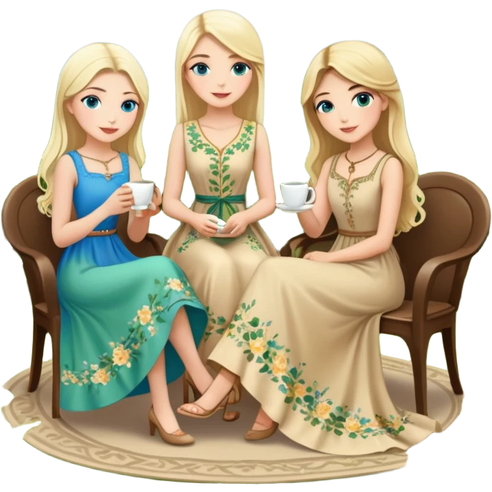 Turkish Konya blonde girl beautiful finish blue eyes with Beautiful beige green floral long tail dress and this two friends sit in a lovely garden on the chair on the ground and holds cup coffe with her hand  emoji