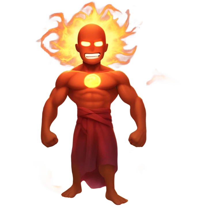 A character surrounded by a fiery red aura, with glowing energy pulsing from their body, and their muscles glowing with intense strength and power. emoji