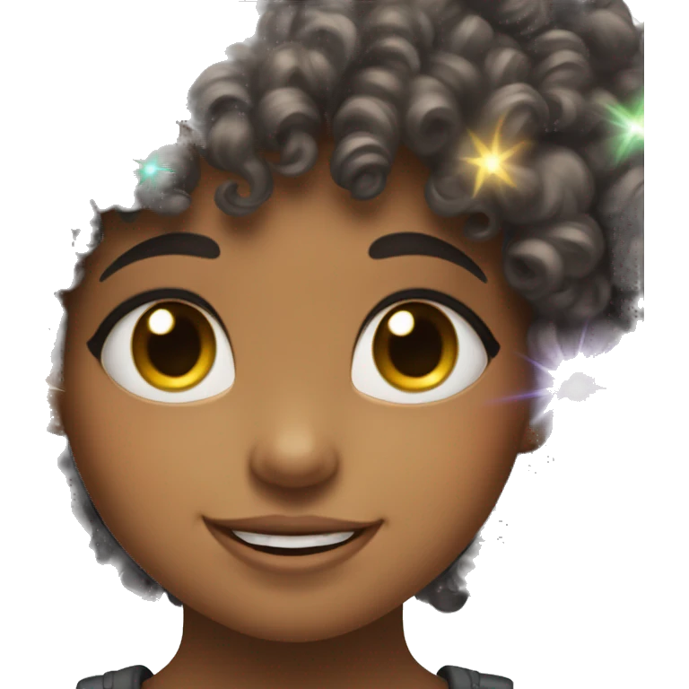 A cute girl with bangs with sparkles around her ad curly hair, smiling(also bubbles around her) emoji