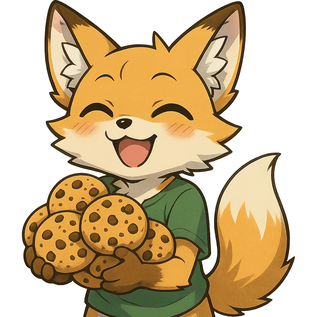 anime style fox character, happy, holding cookies emoji