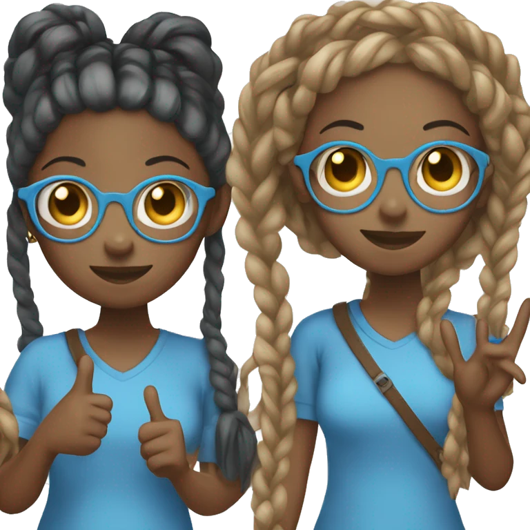 Black girl with a bunch of braids and a long blue shirt with black glasses holding up a peace sign emoji