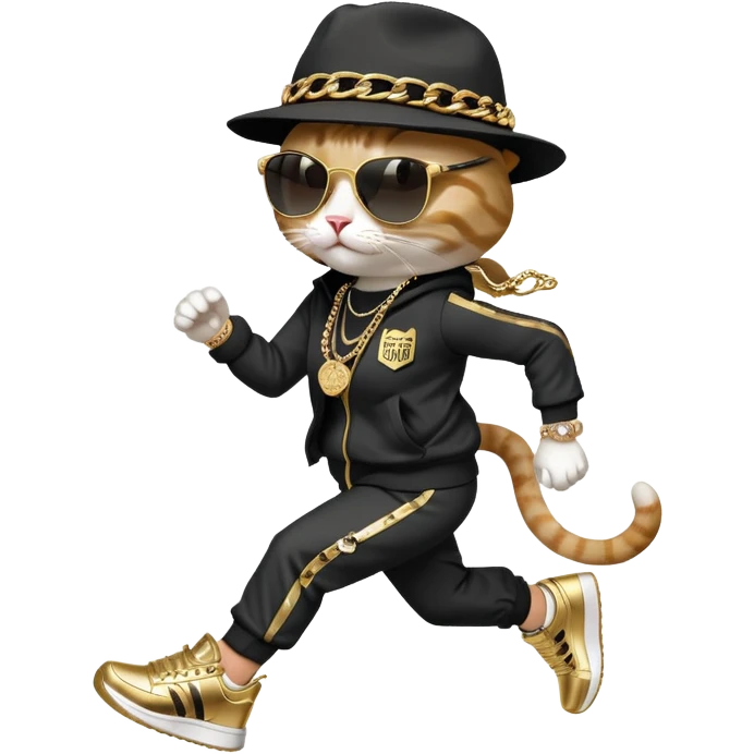 female cat running upright wearing Run DMC hip-hop outfit, tracksuit, fedora, Adidas sneakers, dark sunglasses, many gold chains, bling accessories (rings, bracelets, earrings) emoji