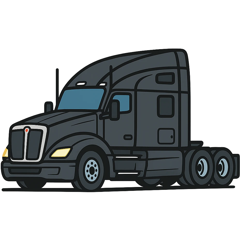 2026 Black Kenworth T680 Sleeper semi truck, side view, headlights on, minimal flat icon style, no background emoji