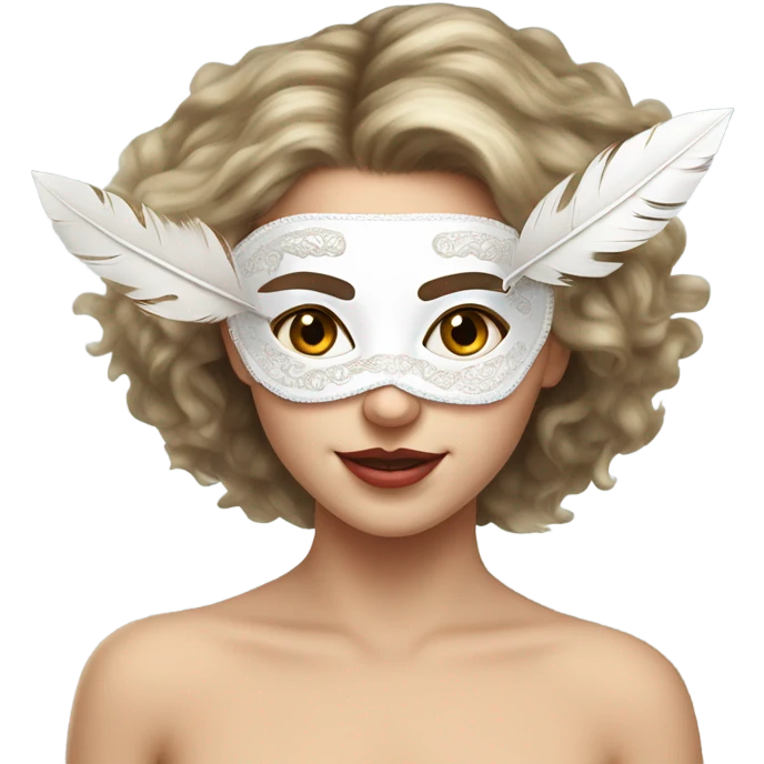 A white-skinned girl takes off her fancy dress mask with feathers emoji