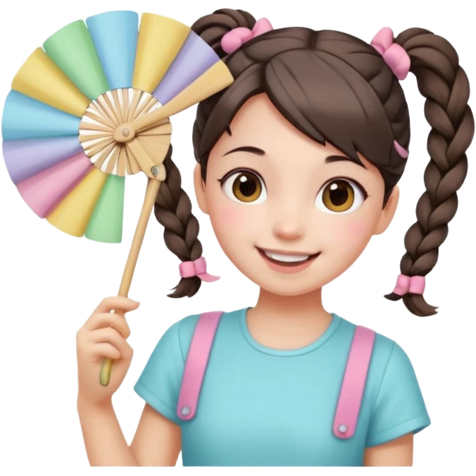 A pigtail girl in modern outfit using a pastel fan with playful expression. emoji