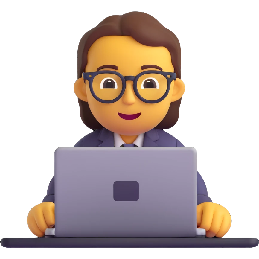 IT nerd with glasses using a laptop, playful, 3D emoji style emoji