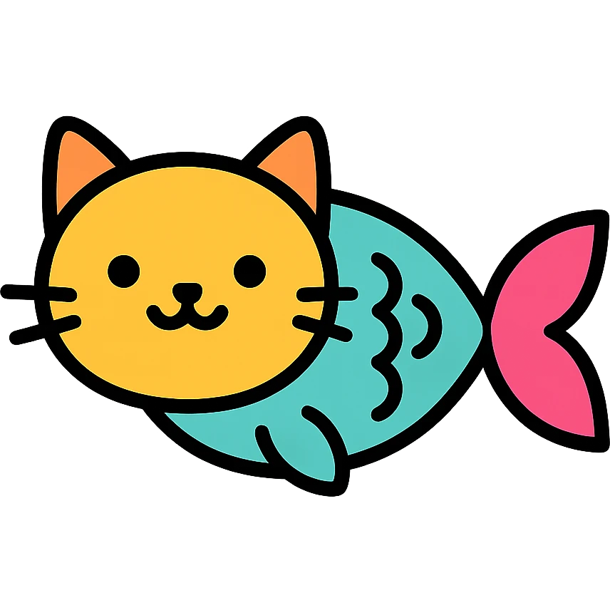 cute and whimsical cat that looks like a fish, blending feline and fish features, colorful icon style emoji