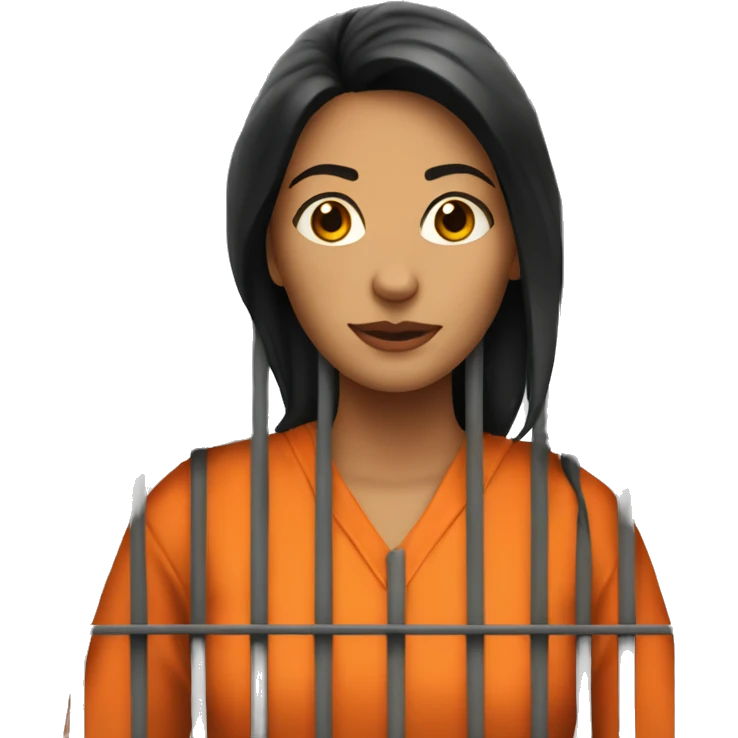 Prisoner woman behind bars, orange jumpsuit. Dark hair emoji