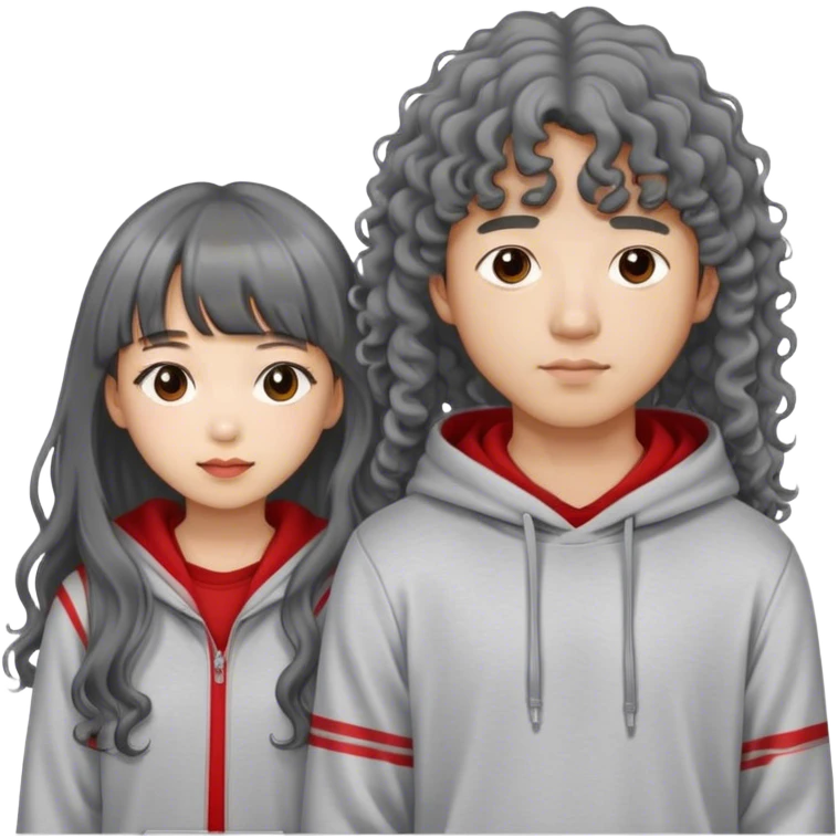 Asian couple boy with long korean hair style with grey hoodie and the girl with long curly hair with bang and stripe red long sleeve emoji