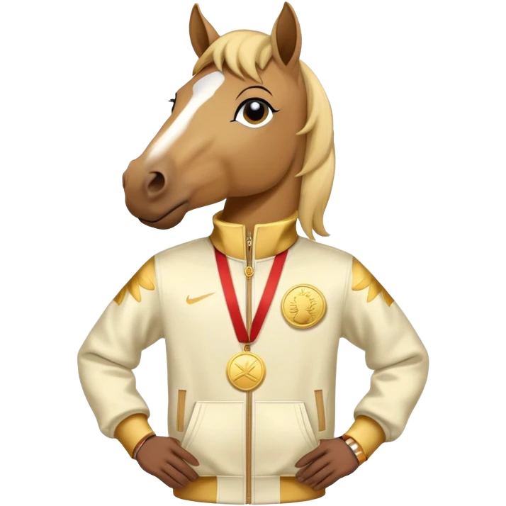 anthropomorphised horse in a hip-hop outfit, wearing a gold medal emoji