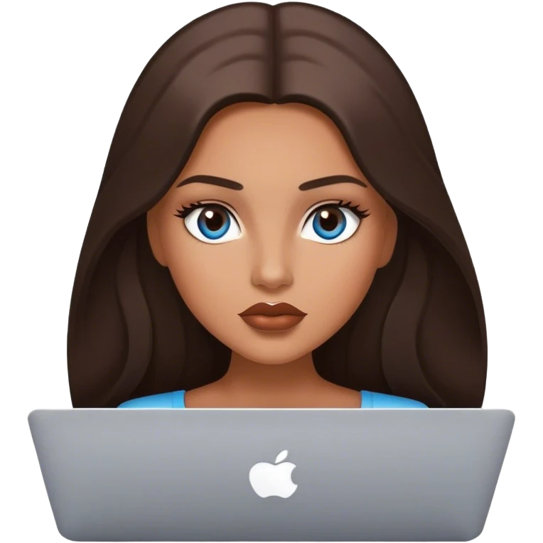Glamours tanned very beautiful girl with pump lips and dark chocolate straight smooth long hair, blue-grey eyes with MacBook emoji