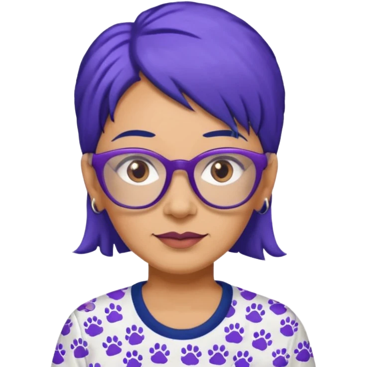 50-year-old woman with hair that is navy blue, purple glasses, and brown eyes, in a shirt with small pawprints all over it. emoji