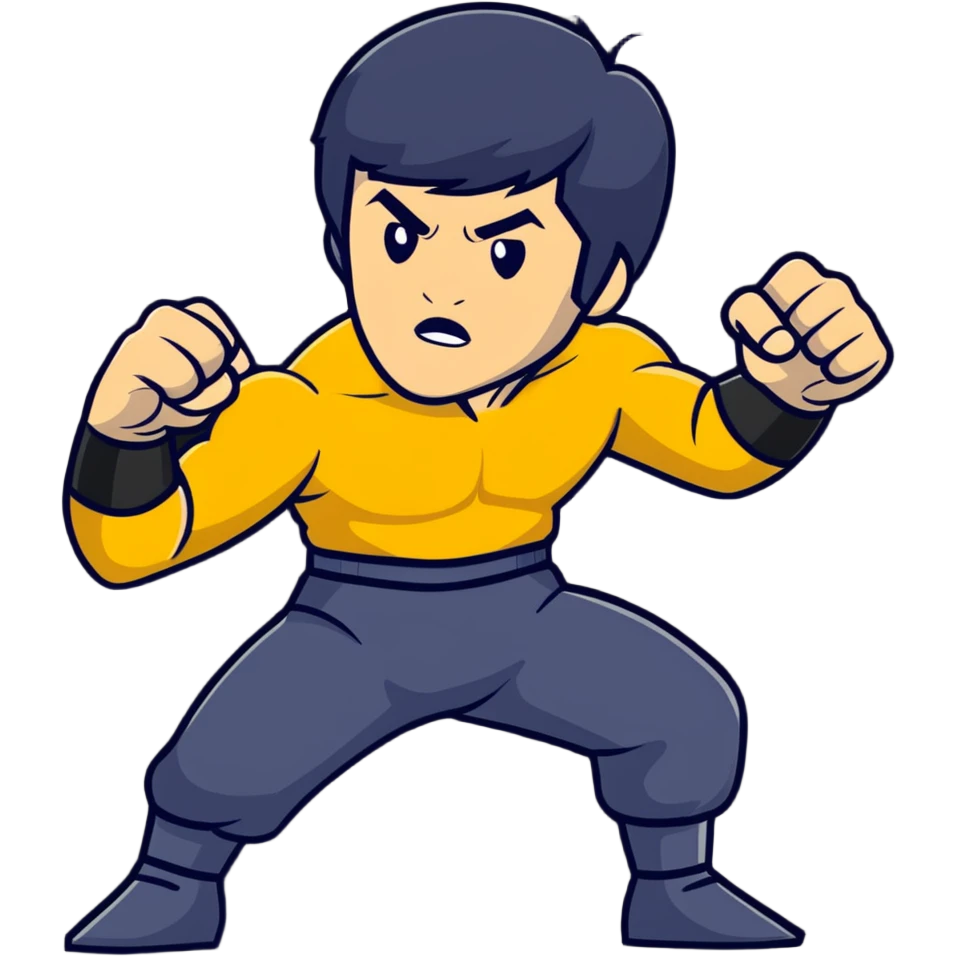 Bruce Lee iconic martial arts star in fighting stance, chest up portrait emoji