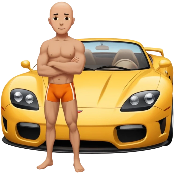 Bald Man in speedo in front of sports car  making a serious face emoji