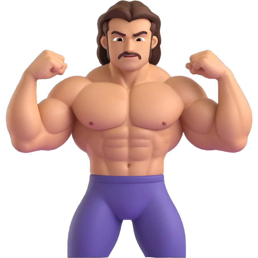 Make a man with hair flexing muscles emoji that looks exactly like the reference image, in iOS emoji style. 3D, shiny, smooth gradients, soft shadows, muscular body, expressive face, and hair. Add a soft shadow under the figure. emoji
