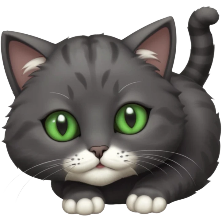 solid dark grey cat with green eyes, completely solid grey face, white toes/paws playing rolling upside down emoji