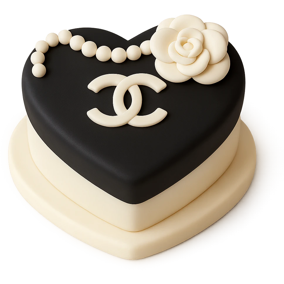 Chanel heart, sweet, black and white, with pearls and a camellia flower, fondant cake art style emoji