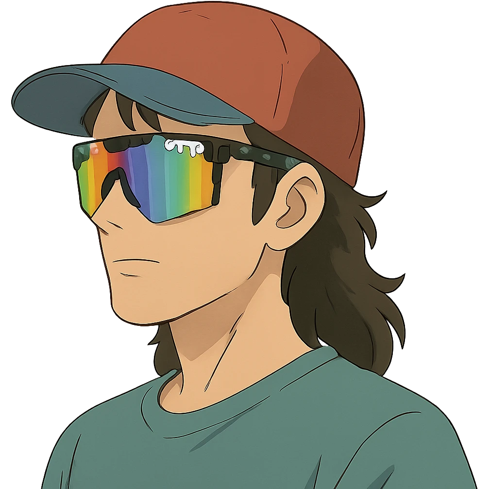 ghibli style guy with mullet and baseball cap, wearing polarized Pit Viper glasses emoji