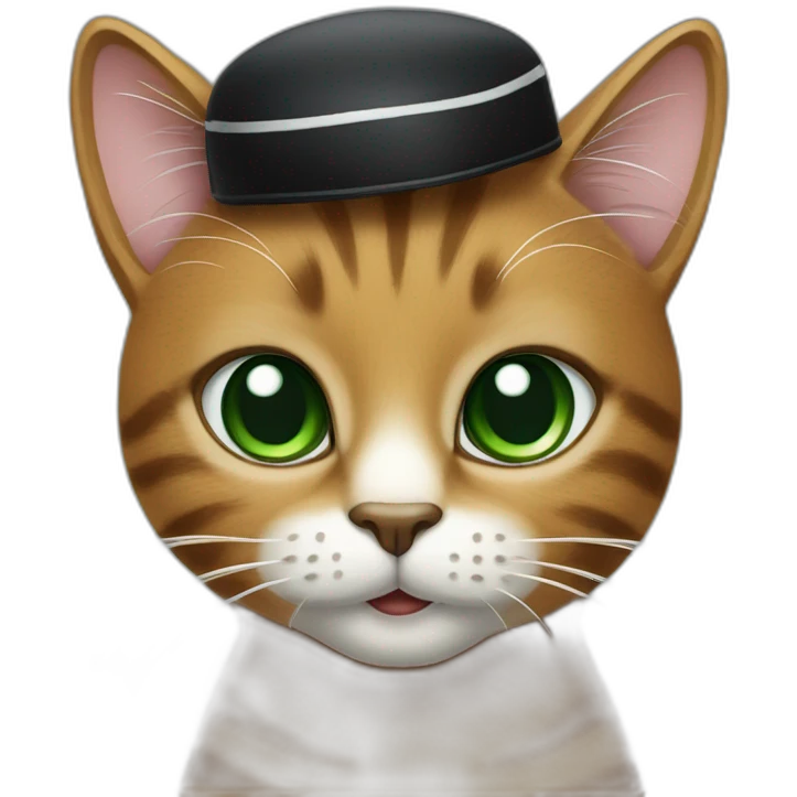 Brown cat with black stripes and white mustache and the contour of the white mouth and green eyes with a brush pencil and a beret emoji