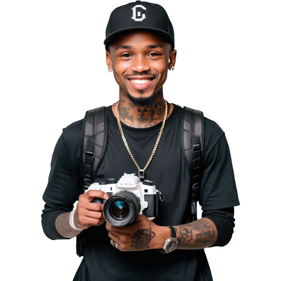 Young African cinematographer with tattoo-covered arms, wearing all black clothing and a baseball cap, holding a DSLR camera. Has dark brown eyes, a bright smile, and a small goatee. emoji